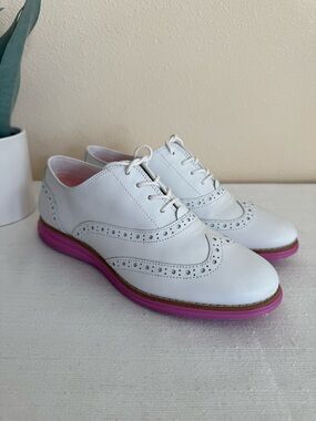 Cole Haan White Leather Wingtip Oxford with Pink Sole - Women's Shoes
